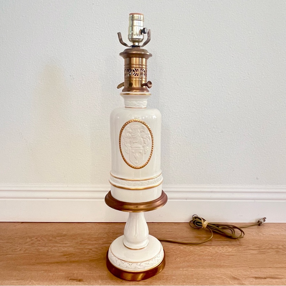 Vintage White Ceramic Accent Lamp, 2-tier‎ Wood Base, Golden Trim, Paul Hanson?